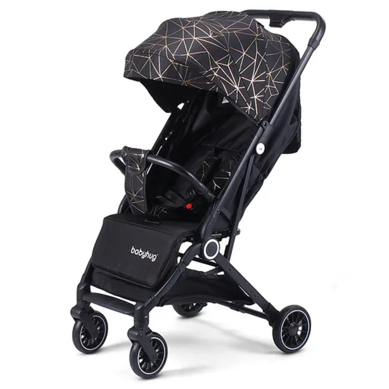 Babyhug Portable Baby Stroller with One-hand Compact Fold – Black| Pram for Newborn| Concealed Linked Brake| Swivel Wheels| 5 point Safety Harness| Storage Basket|