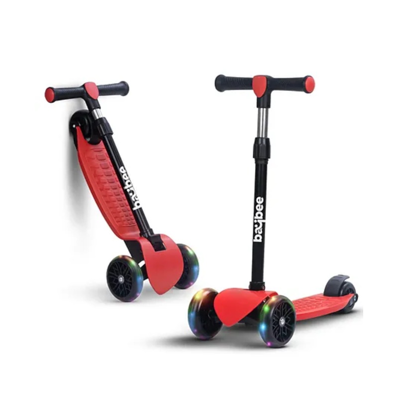 Baybee Zoomie Kick Scooter for Kids, Foldable Kids Scooter with 4 Height Adjustable Handle & Brake, Skate Scooter with LED PU Wheels (Red)