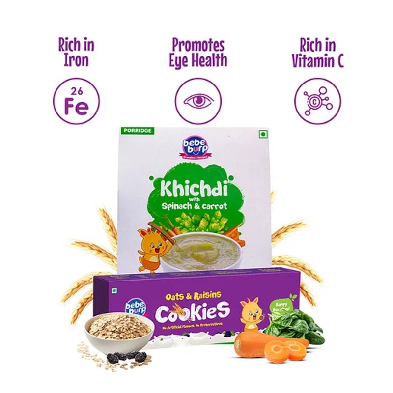 Bebe Burp Organic Baby Food Mix & Cookies Combo – Instant Khichdi & Oats Raisins Snack, 150g+200g