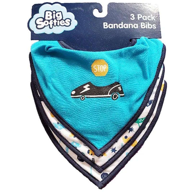 Big Softies Printed Bandana Newborn Baby Bibs with Soft Velcro Fastener Cotton Blends Reusable Ultra Soft & Super Absorbent For Drooling, Teething & Feeding For Boys 0-12 Months Pack of 3-Car