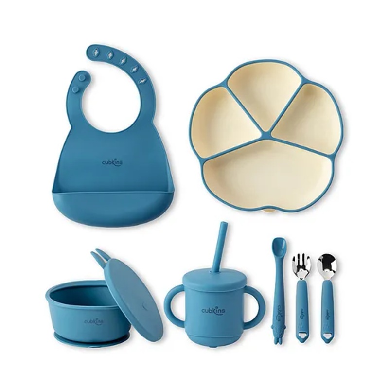 CUBKINS Essential Feeding Set of 7 Pcs – Plate, Bib, Bowl, Sippy Cup, SS Fork, SS Spoon, Bendable Spoon | Designed for Children | BPA Free, Food Grade, FDA Approved | Easy to Clean (Blue Olive)