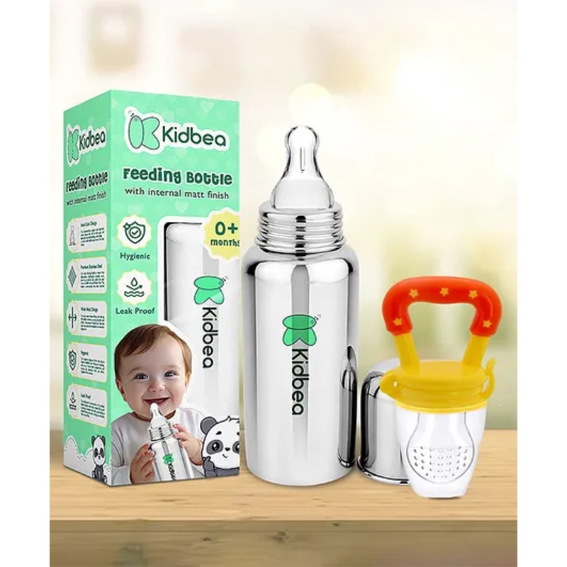 Kidbea Stainless Steel Infant Baby Feeding Bottle,Yellow silicon Fruit Feeder BPA Free, Anti-Colic, Plastic-Free,304 Grade Medium-Flow Combo of 2