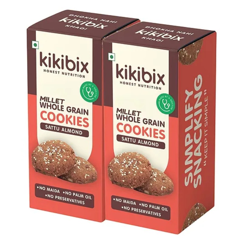 Kikibix Sattu Almond Cookies | High-Fiber, Low-Calorie Snack | No Maida, No Refined Sugar, No Preservatives | Made with Organic Jaggery | 130g x Pack of 2