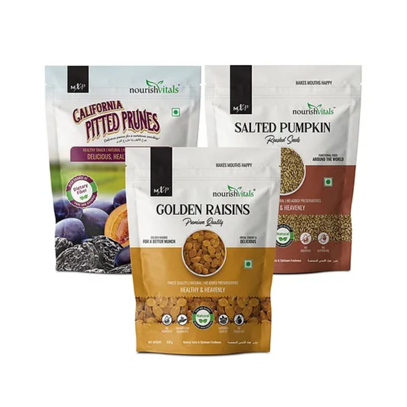 NourishVitals Healthy Munching Combo  California Pitted Prunes Golden Raisins Premium Quality Salted Pumpkin Roasted Seed –  600 gm