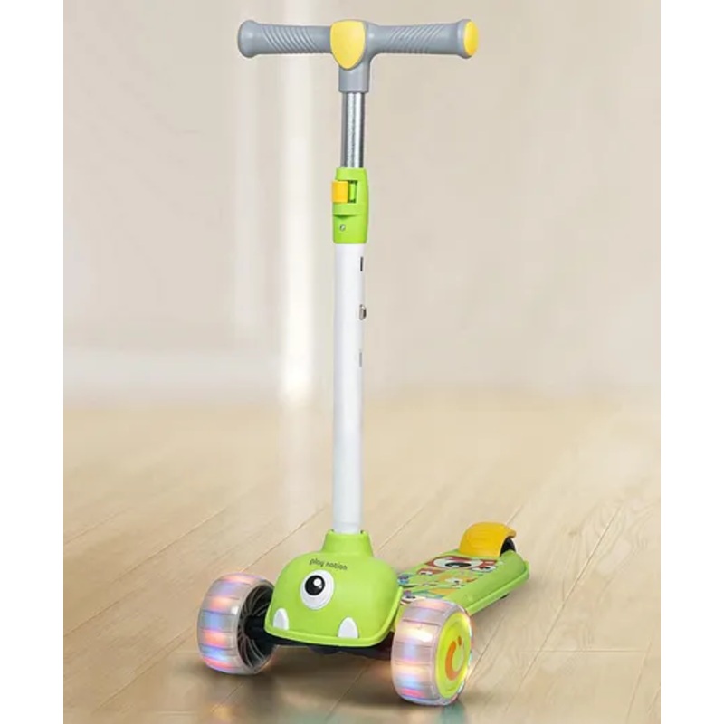 Play Nation Kids Kick On Scooter with LED Wheels Wide Standing Deck & 3-Level Adjustable Handlebar  – Green