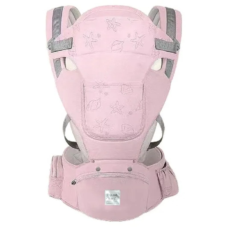 Polka Tots 9-in-1 Ergonomic Hip Seat Baby Carrier | Detachable Hood | Pocket Storage | Padded Support | Adjustable Waist Belt up to 47 Inches & Comfortable Lumbar Support | 2 to 36 Months, Shell Pink