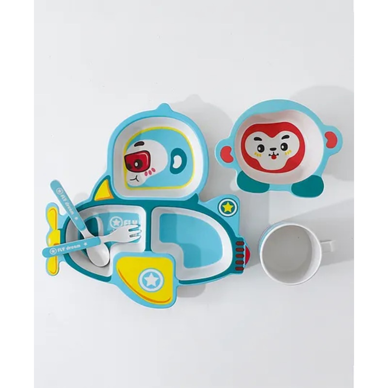 Sectioned Feeding Set with Cartoon Print – Blue