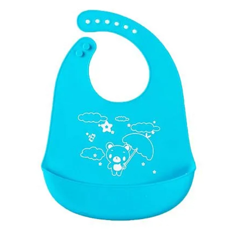 Syga Adjustable Snap Button Bib With Crumb Catcher Cartoon Print  – Blue