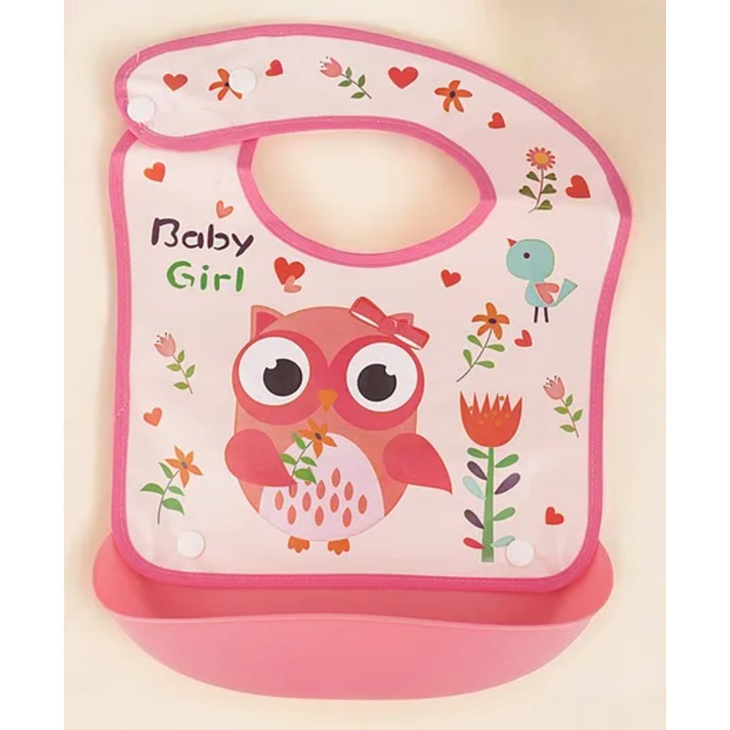 Yellow Bee Silicon Owl-Themed Waterproof Bib with Catch Pocket and Floral Accents for Girls- Pink