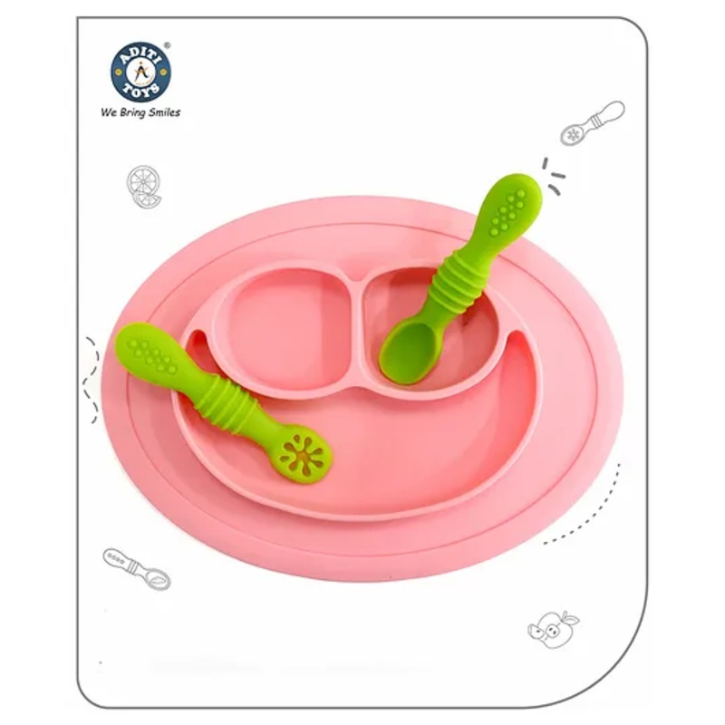 Aditi Toys Oval Baby Food Tray, Silicon Food Plate With Multiple Compartments & Two Spoons, Silicone Plate For Feeding Baby, Easy To Clean Silicon Plate Microwave & Dishwasher Safe – Pink