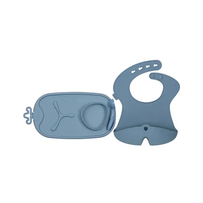 b.box Silicone Bib + Feeding Mat Combo – Blue | Easy-Clean Bib with Food Catcher & Roll-Up Mat with Divided Sections | BPA-Free | 4m+