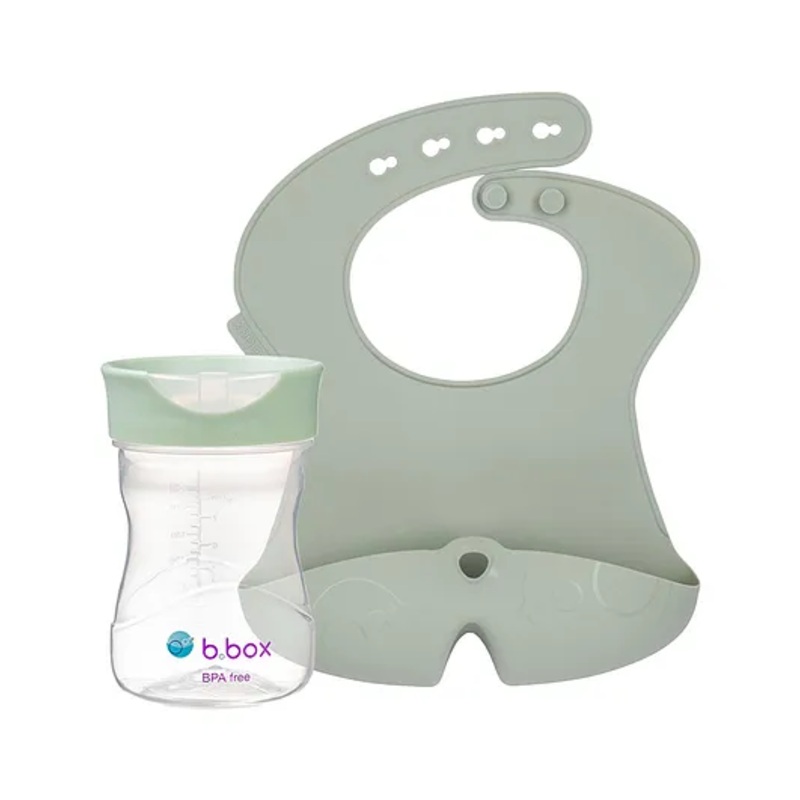 b.box Training Cup + Silicone Bib Combo | Green| Easy-Grip Cup & Roll-Up Bib with Food Catcher | BPA-Free, Dishwasher Safe | 4m+