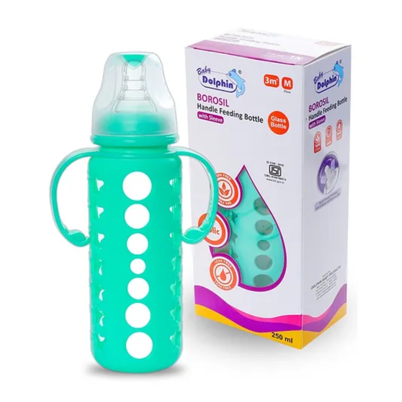 Baby Dolphin Anti-Colic Borosilicate Glass Handle Feeding Bottle with Sleeve, BPA Free, with Detachable Handle- 250ml, Green