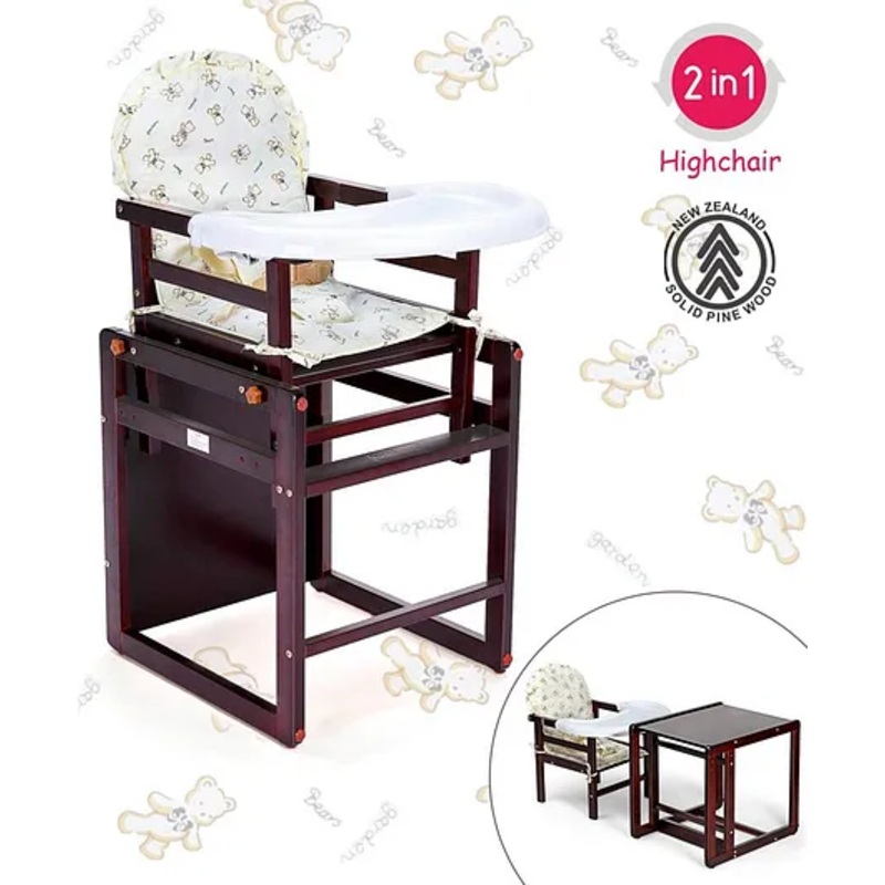 Babyhug Verona 2 In 1 Wooden High Chair With Removable Cushioned Seat & 2 Point Safety Harness – Dark Brown