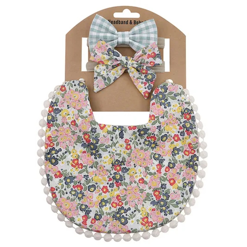 Bembika Baby Feeding Essential Baby Feeding Bib And Bow Floral-Green