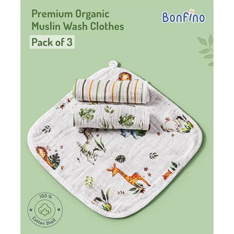 Bonfino Organic Muslin Wash Clothes African Safari Print Set of 3 – Green & White
