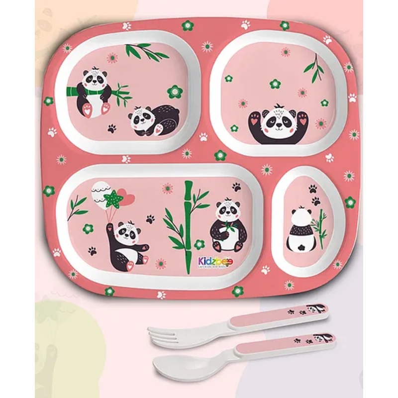 Cello Kidzbee Quadmeal Plate with Spoon and Fork Panda Print – Pink