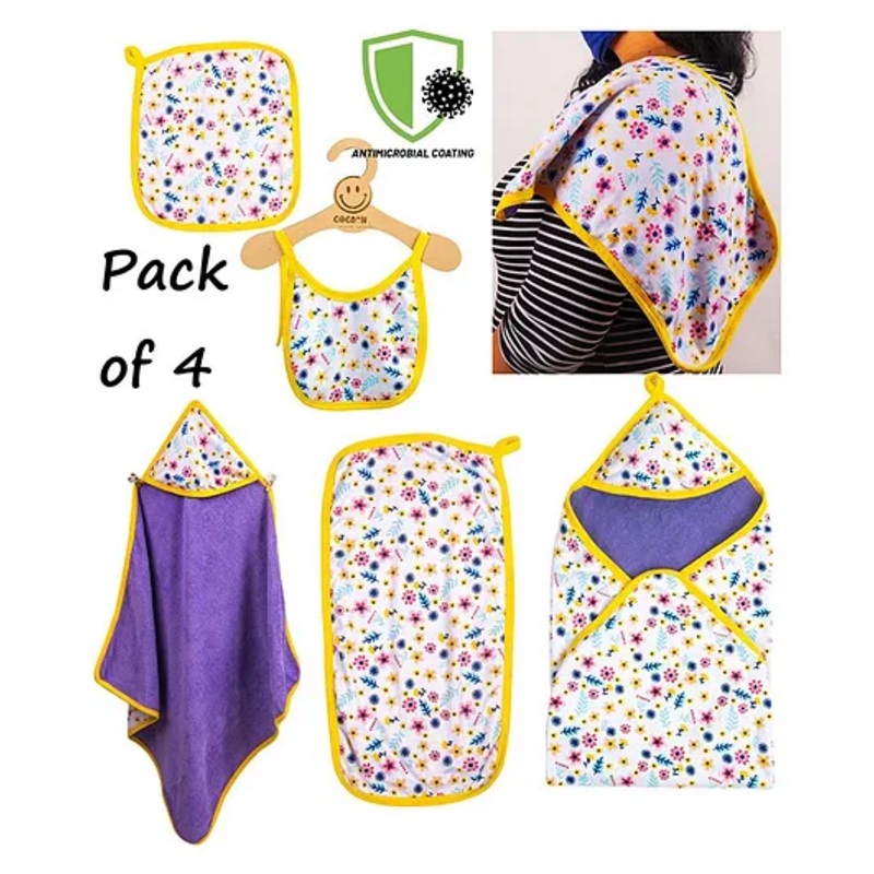 COCOON ORGANICS Pack Of 4 Anti Microbial Cotton Super Soft Terry Towel Swaddle & Burp Cloth With Wash Cloth And Bib Set – Purple