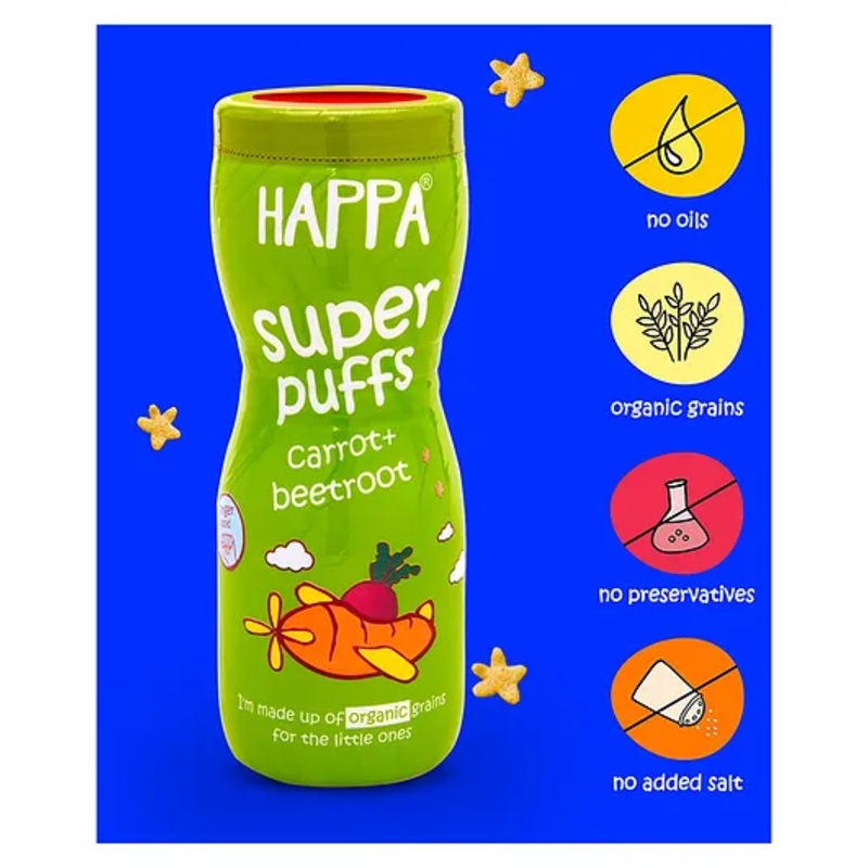 Happa Organic Multigrain Carrot & Beetroot Melts Super Puffs | Pack of 1 | Healthy Finger Food For Babies | 8M+ | 40 gm