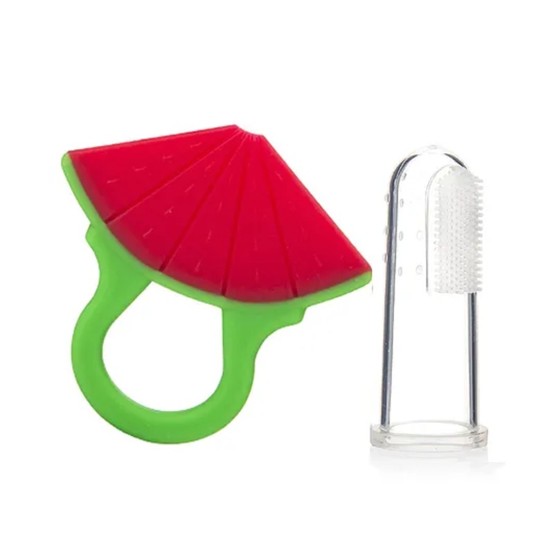 INFANTSO Non-Toxic Food-Grade Silicone Watermelon Shaped Baby Teether & Finger Brush Combo