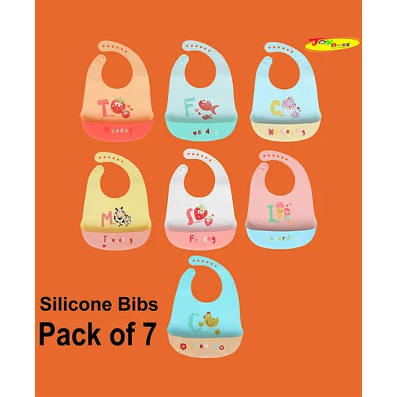 JOY BUZZ Joy Buzz Waterproof Silicone Bibs For Baby With Crumb Catcher Pocket With 6 Point Adjustable Closure Pack of-7 Days Bibs – Multicolor