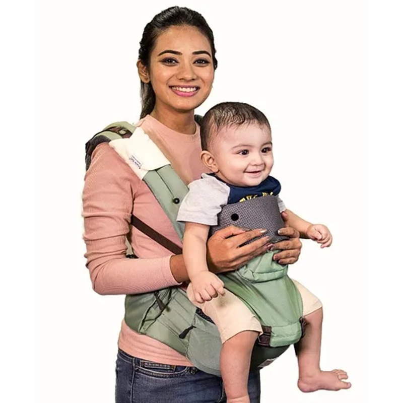 Polka Tots 6-in-1 Hip Seat Baby Carrier with Airbag Seat and Waist Belt up to 47 Inches & Comfortable Lumbar Support Belt | Ideal for C-Section Mothers | Padded Strap | 2 Bibs (3 to 36 Months, Green)