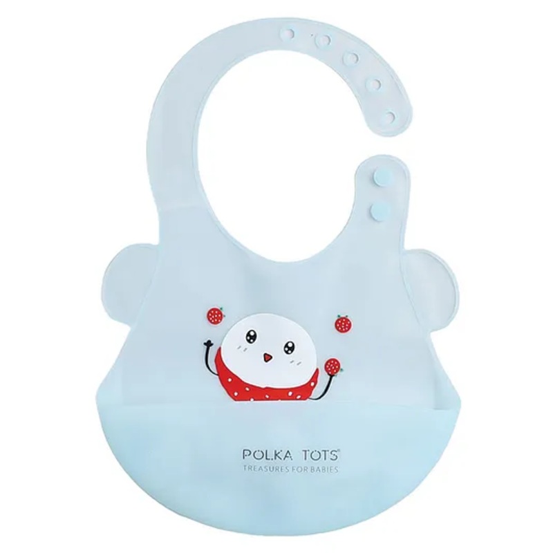 Polka Tots Waterproof Silicone Feeding Bibs with Adjustable Snap Buttons Strawberry Man Print – Blue