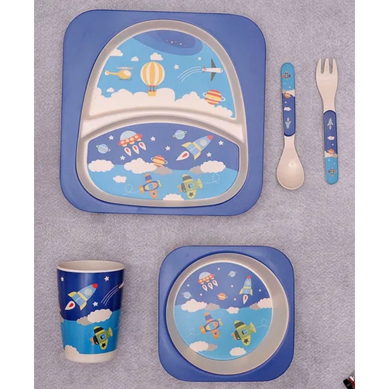The Bamboo Co Stellar Starship Bamboo Kids Dinner Set of 5- Blue