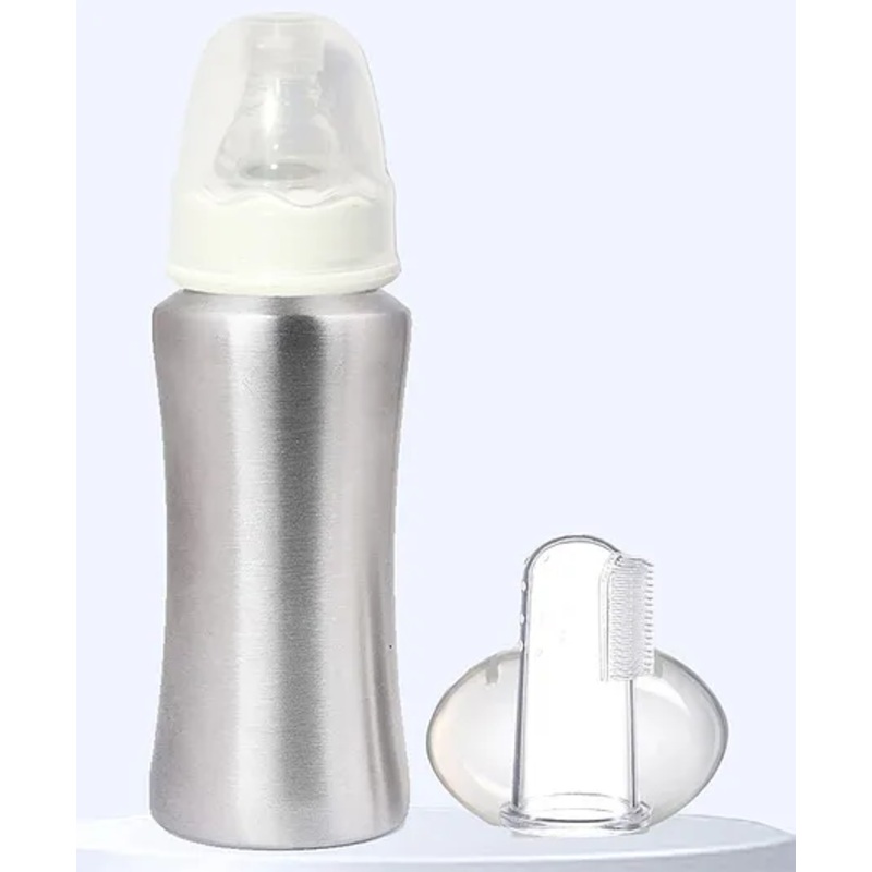 The Cheeky Kidzz Baby Soft Brisstle Silicone Finger Toothbrush Teether Feeder With Stainless Steel 240ml Bottle Set BPA Free(PINK)