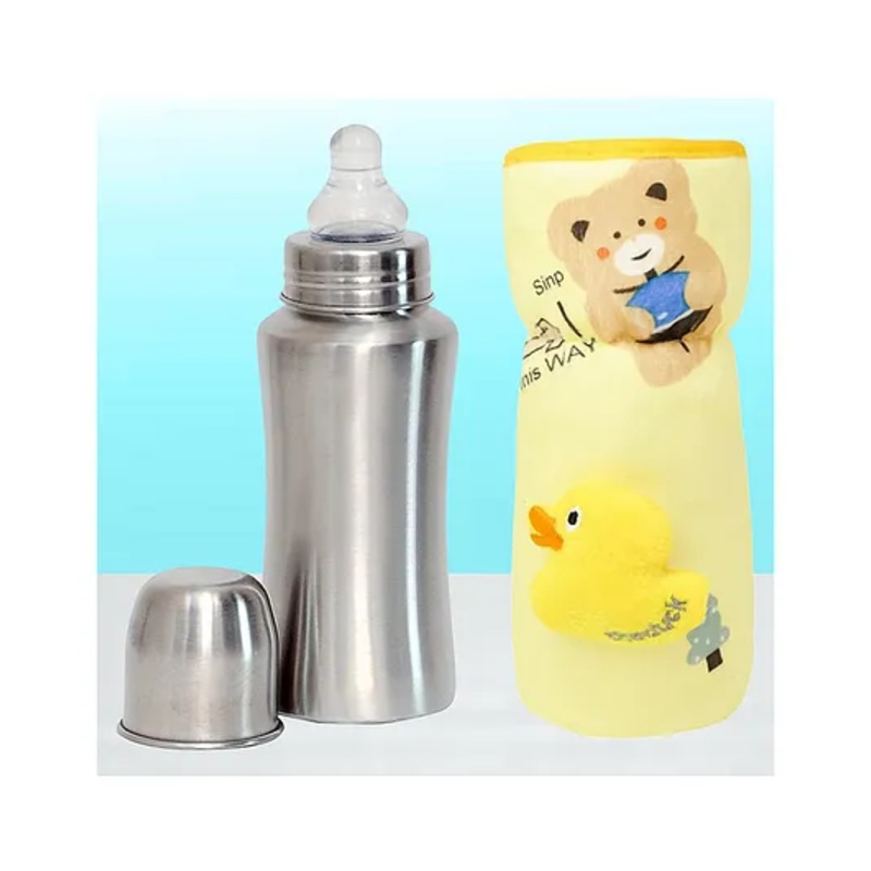 The Cheeky Kidzz Baby Stainless Steel 240ml Thermal Insulation Feeding Milk Liquids Feeder Bottle With Anti Colic Silicone Nipple BPA Free And Strechable New Born Bottle Cover (LIGHT YELLOW)