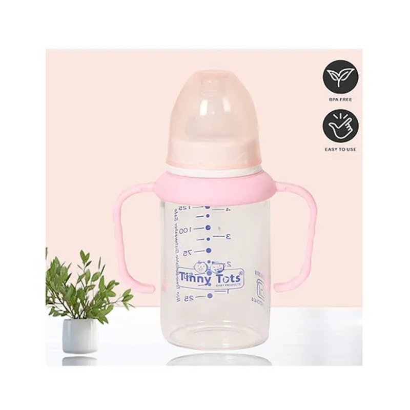 Tinny Tots Baby High Borosilicate 120ml Glass Feeding Bottle With Twin Handles And Anti Colic Silicone Nipple Feeder BPA Free (Pink)