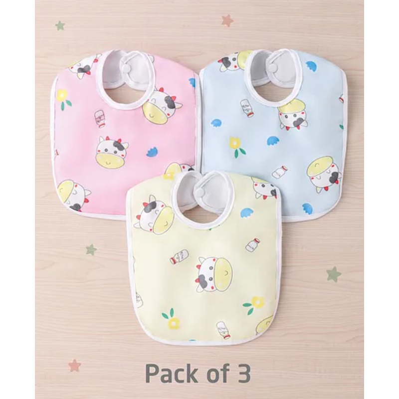 Zoe Waterproof Feeding Bibs with Snap Button Closure Cow Print Pack of 3- Multicolour