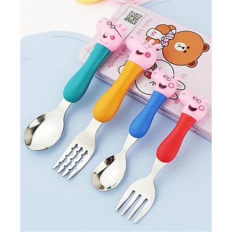 AEREX Cartoon Pig Spoon Set BPA-Free, Family Baby Spoon and Fork for Babies Kid-Friendly Cutlery Set with Safe & Durable Stainless Steel (304) Pack of 4 – Multicolor