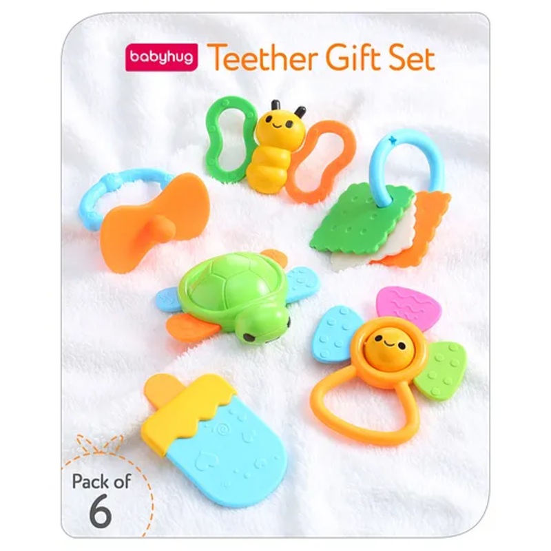 Babyhug Teether Gift Set Pack of 6||Easy to Grip|Fits in Mouth, Stimulates and Massages Sore Gums| Gifting Toy| Child Safe Material| BIS Certified| 4 Months+