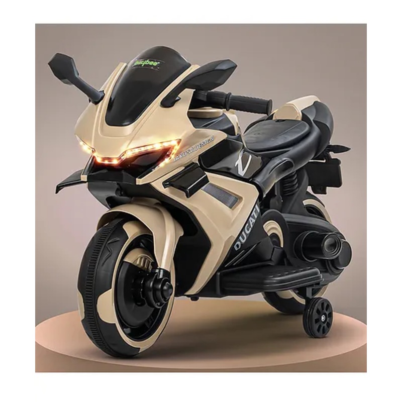 BAYBEE Baby Battery Operated Bike for Kids with Foot Accelerator & Music | Rechargeable Ride on Toy Bike with Training Wheels & LED Light | Baby Electric Bike for Kids (Cream)