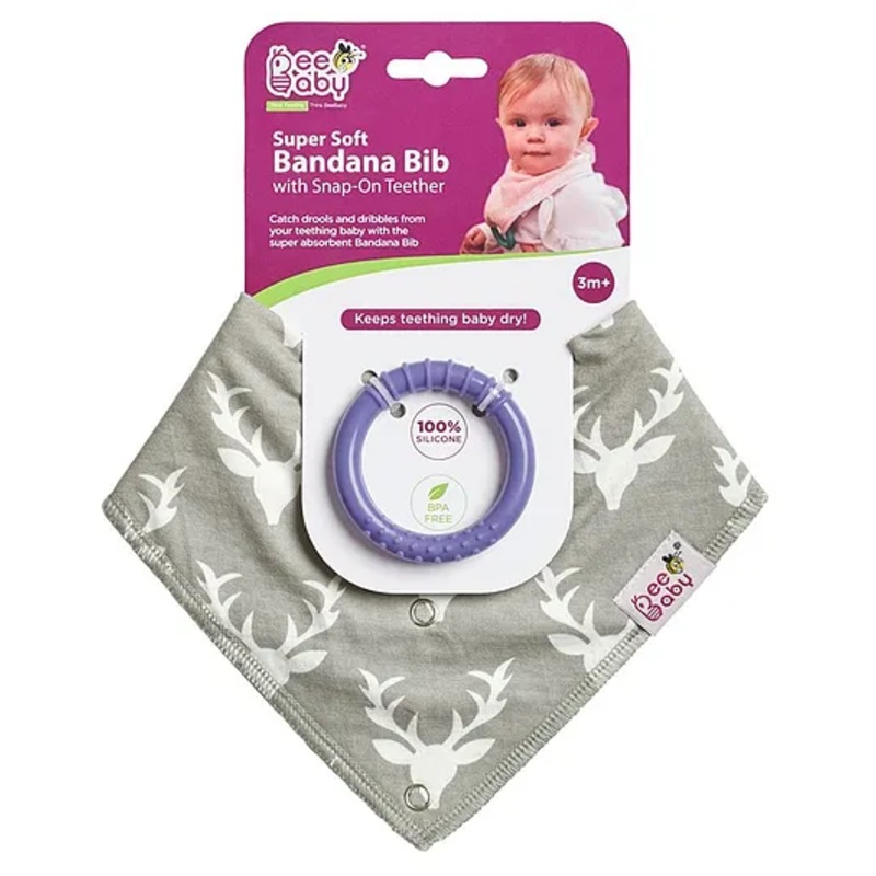 Beebaby Bandana Bib with Snap on Teether Deer Print – Grey