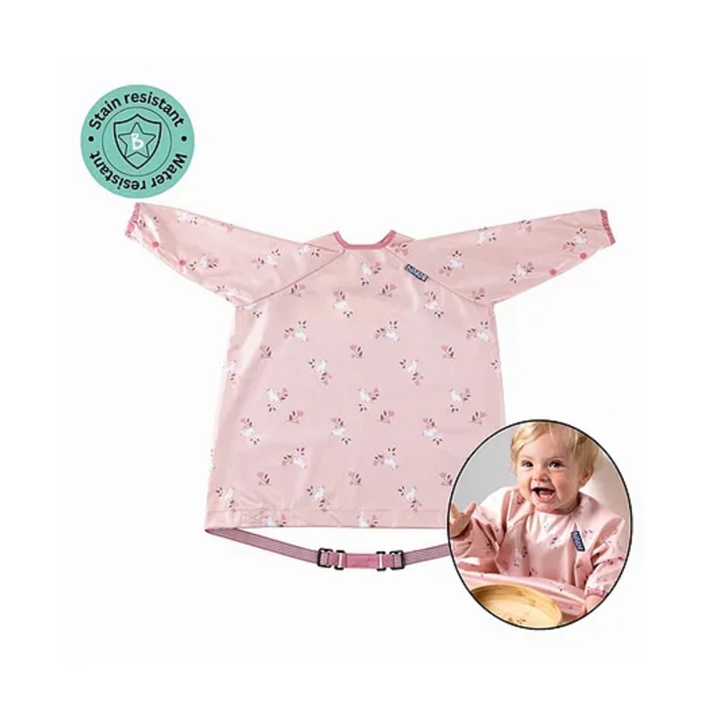 Bibado Stain & Water Proof Bib for babies- Long Sleeve Coverall Shirt Weaning Bib-  Curious Cottontails Print- Pink