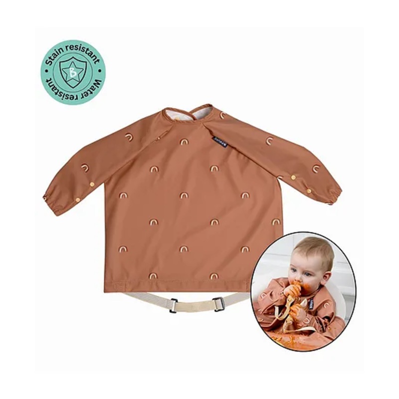 BiBaDo Stain & Water Proof Long Sleeve Coverall Shirt Weaning Bib Chasing Rainbows Print- Brown – For Infants