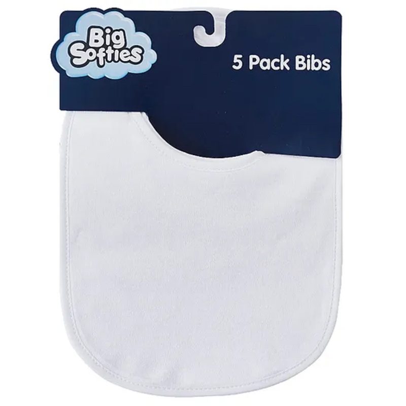 Big Softies Newborn Baby Bibs with Soft Velcro Fastener Cotton Ultra Soft & Super Absorbent Lightweight & Comfortable For Drooling, Teething & Feeding Unisex 0-18 months Pack of 5-White