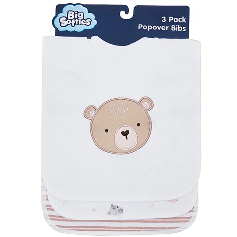 Big Softies Popover Bibs Printed & Applique Embroidery Soft Stretchable Rib Neck Blended Cotton Ultra Soft & Super Absorbent For Drooling, Teething & Feeding For Unisex 6-36 Months Pack of 3-Bear