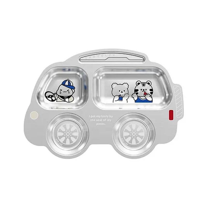 Happy Hues Bus Stainless Steel Divided Meal Plate Tray-4 Compartments Dinner Dish for Babies-Toddlers & Kids