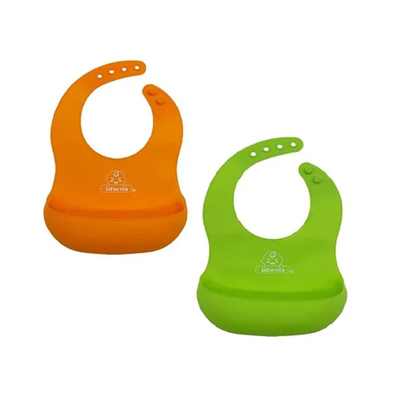 Infantso Baby Waterproof Silicone Bib for Feeding Infants and Toddlers With Adjustable Button Pack of 2 – Green & Orange