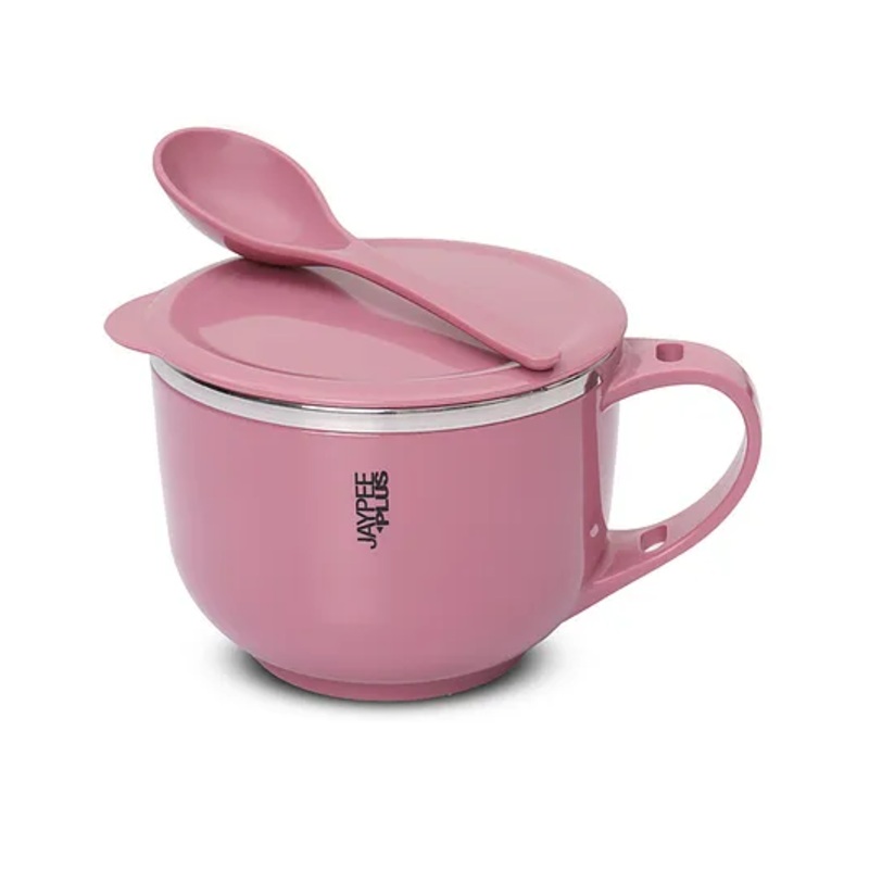 Jaypee Plus Stainless Steel Soup Bowl with Lid & Spoon Holder Souptok Maggi bowl Noodles pasta bowl Mug for kids – Pink