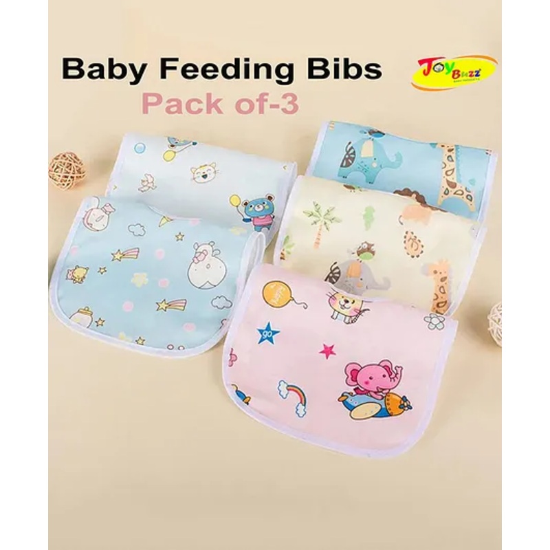 JOY BUZZ Joy Buzz Waterproof Feeding Bibs with Snap Button Closure Printed Pack of 3- Multicolor