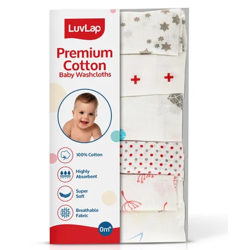 LuvLap Muslin Cotton Premium Baby Washcloth, Washable, Absorbent, Soft Face Towels, Dots & Hearts Print, Pack of 6 (Multicolour)