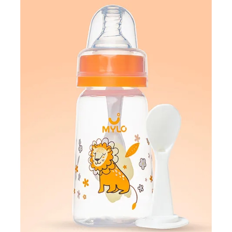 Mylo Baby Feels Natural Feeding Bottle, PP, BPA Free with anti-colic nipple – 125 ml (Orange Lion)