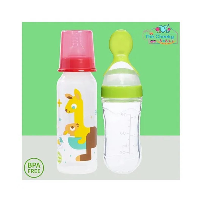 The Cheeky Kidzz Baby Soft Silicone Squeeze Spoon Feeding Bottle With Attractive Anti Colic Nipple Printed Feeding Bottle 250ml BPA Free (RED)