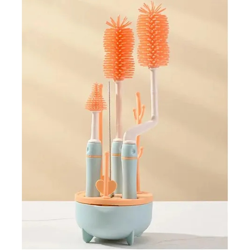 THE LITTLE LOOKERS Silicone Bottle Brush Set with Stand, 360 Rotating Silicone Bottle Cleaning Brush Cleaner Set, Long Handle 4 in 1 Multipurpose Silicone Baby Bottle Straw Cleaner Brush (Orange)