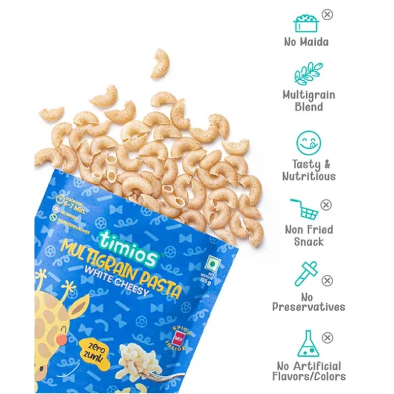 Timios No-Maida Multigrain White Cheesy Instant Macaroni Pasta | Healthy Pasta made With Brown Rice and Corn | No Preservatives | No Artificial Colors & Flavors | No Trans Fat | 195 g