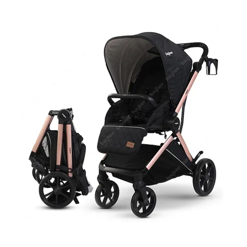 BAYBEE Infant Baby Pram Stroller for Newborn Babies with Aluminum Frame 3-Position Adjustable Canopy Reversible Seat Safety harness Storage Basket & Rear Brake – Pink